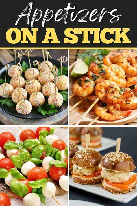 You'll be the hit of the party with these fun appetizers on a stick! From antipasto to mini-cheese balls to pizza, guests will get a kick out of these awesome bites. Appetizers On A Stick, Mini Food Appetizers, Bridal Brunch Food, Antipasto Kabobs, Fun Appetizers, Toothpick Appetizers, Recipes With Ingredients, New Years Appetizers, Sweet Appetizer