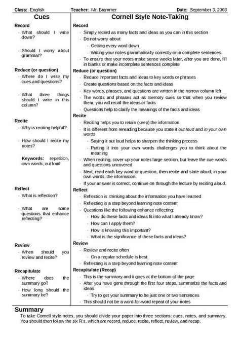 Cornell note taking Study Habits, Notes Format, Note Taking Tips, Cornell Notes, College Notes, Study Techniques, Study Help, College Study, School Study Tips