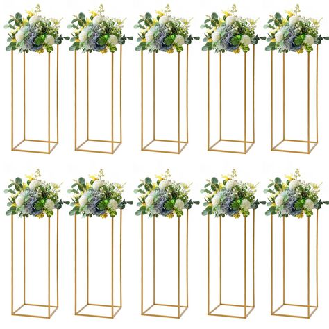 PRICES MAY VARY. 𝒫𝒶𝒸𝓀𝒶𝑔𝑒 𝒾𝓃𝒸𝓁𝓊𝒹𝒾𝓃𝑔 - Ten pieces of 32 inches height floor vase column stand, the width and deep are both 9.4 inches. Artificial flowers are not included. Assembly is required, each stand is assembled from 4 long rods and 8 short rods, connected by upgraded T-connectors, easy to insert to assembly, including a hammer for assembly and can be finished in short minutes. 𝒮𝓉𝓎𝓁𝒾𝓈𝒽 𝒶𝓅𝓅𝑒𝒶𝓇𝒶𝓃𝒸𝑒 - Add a tall column stand to your centerpieces and floral arran Wedding Flower Stand, Wedding Flower Vase, Gold Wedding Flowers, Geometric Centerpiece, Flower Rack, Metal Columns, Tall Wedding Centerpieces, Venue Decorations, Flower Stand