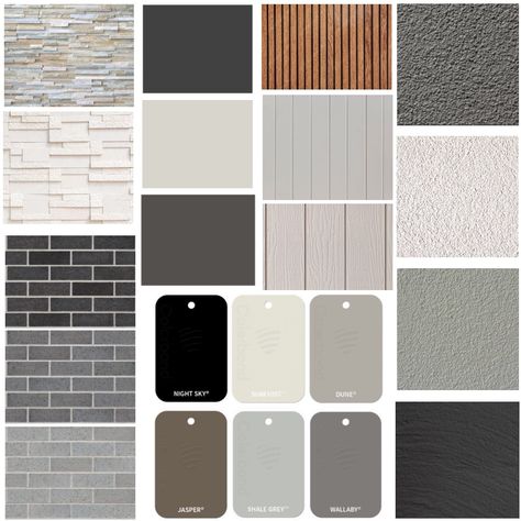 Exterior 1 Mood Board - Style Sourcebook Exterior Materials For Homes, Exterior House Materials Combinations, House Exterior Materials Facades, Material Combination Architecture, Elevation Material, Exterior Mood Board Home, Exterior Material Board, Mood Board Exterior Design, Moodboard Exterior Design