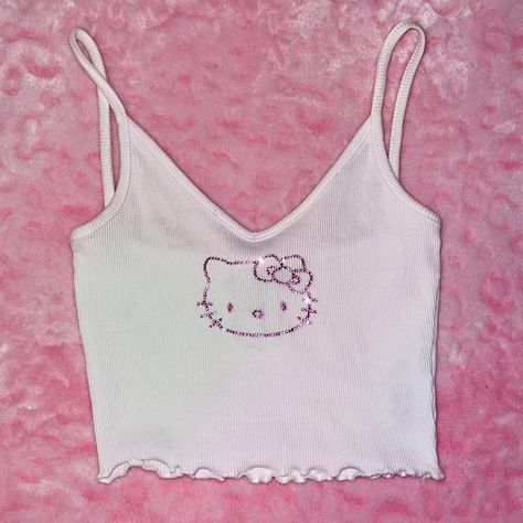 Y2k Rhinestone Top, Hello Kitty Crop Top, Clothing Diys, Hello Kitty Rhinestone, Hello Kitty Top, Rhinestone Crop Top, Sanrio Clothes, White Hello Kitty, Y2k Rhinestone