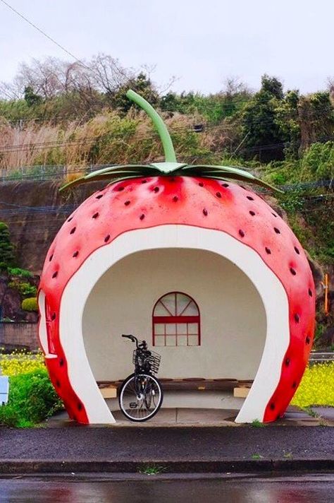 You'll Want to Book a Flight to Japan to See These Sweet Fruit Bus Stops Unique Buildings, Roadside Attractions, Nagasaki, Bus Stop, Land Art, Kiosk, Public Art, Popsugar, Japan Travel