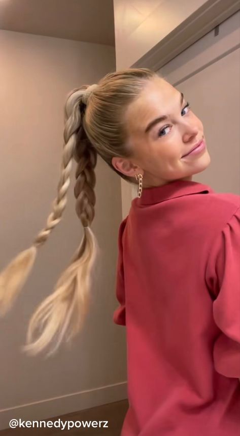 2 Braids In A Ponytail, High Pony Outfits, Ponytail Two Braids, High Braid Ponytail, Ponytail With Two Braids, Two Braid Ponytail, Xc Hairstyles, Pony With Braid, Lacrosse Hair