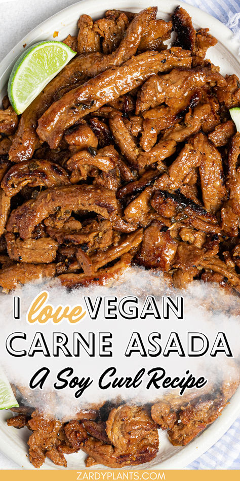 A large batch of vegan carne asada on a plater. Vegan Asada Tacos, Vegan Taco Tuesday Recipes, Vegan Recipes When Sick, Vegan Carne Asada Tacos, Vegan Shredded Beef, Dr Vegan Recipes, Recipes With Soy Curls, Easy Vegan Mexican Recipes, Vegan Quesadilla Recipes