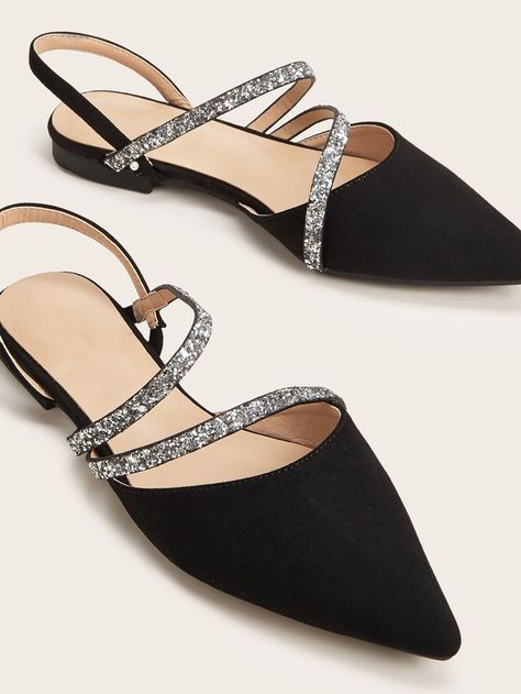 Point Toe Glitter Strap Slingback Flats | SHEIN USA Elegant Shoes Heels, Fashion Me Now, Work Shoes Women, Shoes Heels Classy, Shoes Photography, Flats Online, Flat Slipper, Slingback Flats, I Am Blessed