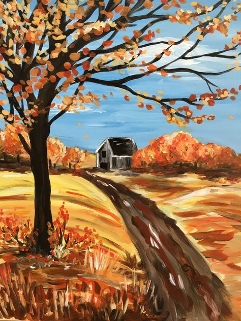 Fall Road Fall Landscape Drawing, September Painting Ideas, Fall Themed Paintings, Autumn Painting Acrylic Easy, Easy Fall Paintings For Beginners, Easy Fall Paintings, Painting Ideas Fall, Pumpkin Canvas Painting, Christmas Canvas Painting