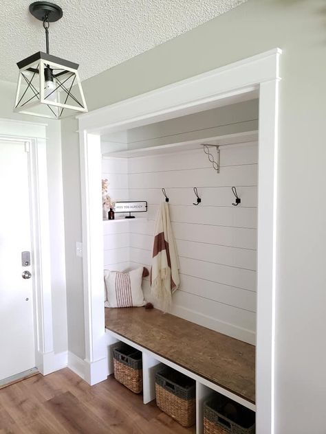 DIY Turning a Closet into a Mudroom Closet Into Mudroom, Closet To Mudroom, Entry Closet Makeover, Closet Conversion, Front Hall Closet, Mudroom Remodel, Front Closet, Mudroom Closet, Closet Redo