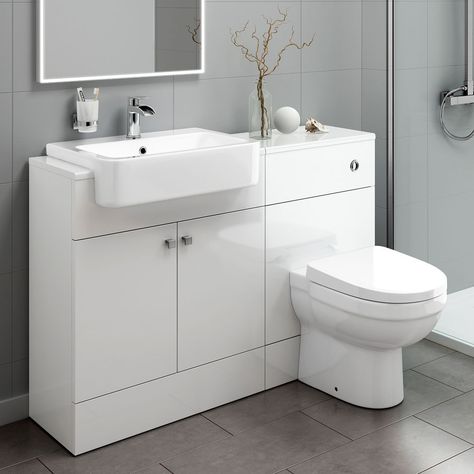 Modern Basin Taps. Modern Bath Taps. This toilet and sink vanity storage unit features a built in toilet and white ceramic bathroom sink, making it the suitable for any contemporary bathroom design. This superbly constructed bathroom storage unit is produced from moisture resistant MDF and coated in a gloss finish. | eBay! Built In Toilet, Toilet And Sink Unit, White Vanity Unit, Bathroom Sink Units, Mini Bad, White Bathroom Furniture, Ceramic Toilet, Best Kitchen Design, Bathroom Storage Units