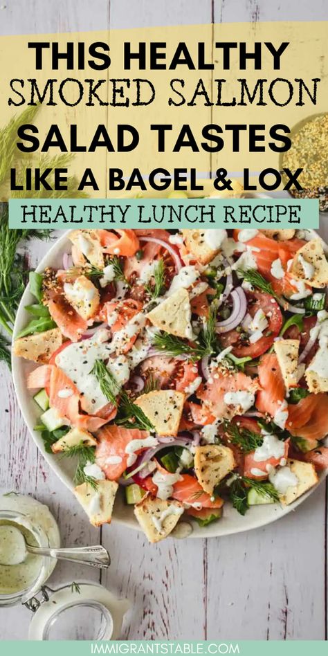 A platter of smoked salmon salad Smoked Salmon Cucumber Salad, Lox Salad, Cream Cheese Dressing, Smoked Salmon Salad Recipes, Lox Bagel, Salmon Salad Recipe, Smoked Salmon Bagel, Smoked Salmon Salad, Salmon Bagel