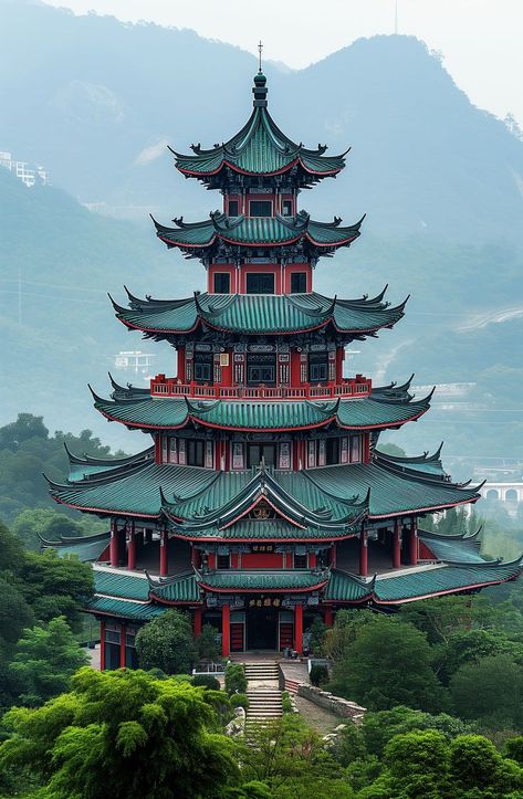 Ethereal scene featuring a red pagoda rising amidst verdant greenery and reflected in the still waters of a serene pond, a picturesque representation of tranquility in a traditional Eastern garden. Japanese Style House, Japan Tattoo Design, Chinese Aesthetic, Japan Architecture, Space Phone Wallpaper, Asian Architecture, Japon Illustration, Unique Buildings, Kyushu