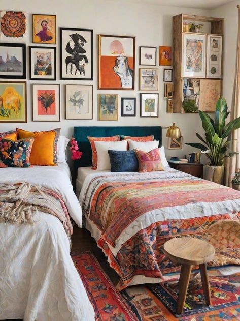 Bedroom with a bed, chair, and various decorations on the walls and floor. - Design Ideas AI Colorful Eclectic Bedroom, Eclectic Bedrooms, Eclectic Design Style, Green Headboard, Eclectic Artwork, Large Bed, Pink Space, Colorful Blanket, Large Beds