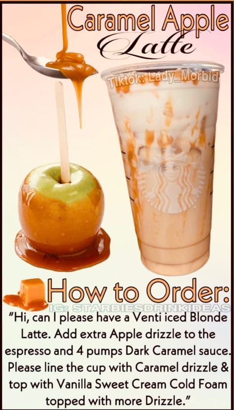 Fall Carmel Apple Latte Starbucks Drink!!! #tasteoffall #carmel #carmelapple #apple #starbucksrecipes #starbucksdrinksrecipes #drink #coldbrew #fall Delicious Starbucks Drinks, Starbucks Halloween Drinks, Starbucks Drinks To Try, Starbucks Fall Drinks, Starbucks Drink Menu, Fall Starbucks, Starbucks Holiday Drinks, Caramel Apple Spice, Starbucks Secret Menu Recipes