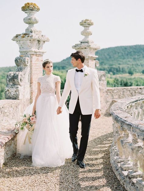 White Groom Tuxedo, Storybook Castle, Italian Elopement, Boutonniere White, Ersa Atelier, Grooms Attire, Blush Bridal Bouquet, Groom Tux, Celebrity Bride