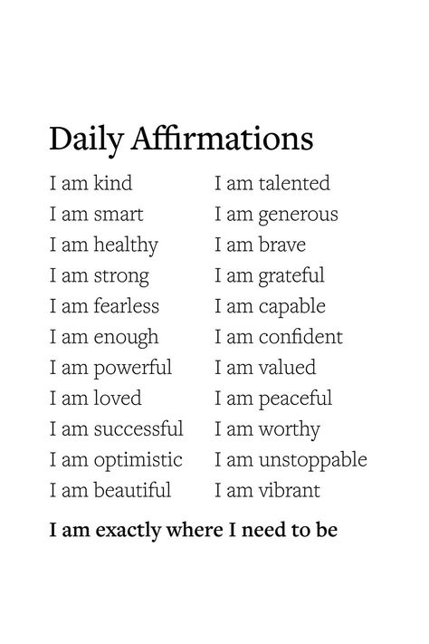 printable daily affirmations wall art for self care and self love Positive I Am Affirmations, I Am Exactly Where I Need To Be, One Word Affirmations, I Am Organized, Fun Affirmations, Olivia Quotes, Short Affirmations, Camp Hope, Printable Affirmations