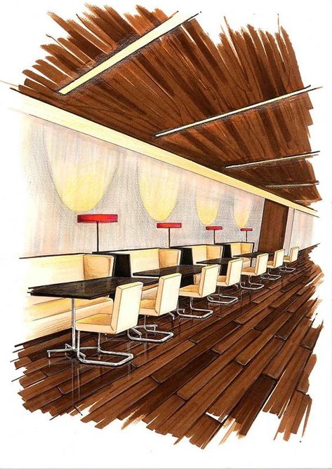 Dining in Style: Restaurant Interior Dreams Wooden Floor Drawing, Wood Floor Drawing, Floor Rendering, Interior Architecture Sketch, Hand Rendering, Interior Design Sketchbook, Interior Sketches, Furniture Design Sketches, Interior Design Renderings