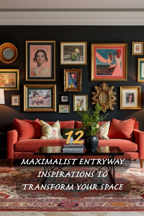 I love how this entryway combines vibrant colors and a variety of artwork to create an inviting atmosphere. The rich hues of the sofa paired with an eclectic gallery wall make a stunning focal point. Whether you're an art lover or just looking to spice up your space, these maximalist ideas will surely inspire you to transform your own entryway into a personalized haven. Eclectic Buffet Styling, Gallery Wall Modern Art, Styling A Long Wall, Eclectic Living Room Gallery Wall, Gallery Wall With Mirrors And Art, Colorful Foyer Ideas Entryway, Gallery Wall On Dark Wall, Jewel Tone Gallery Wall, Moody Art Wall