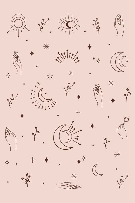 Boho Celestial graphic design elements collection features moon, sun, hands, flowers, and more for your unique #Witchy_Graphic_Design #Celestial_Doodles #Esoteric_Tattoo #Celestial_Logo Witchy Graphic Design, Celestial Doodles, Esoteric Tattoo, Hands Flowers, Tessellation Art, Flowers Minimalist, Whimsical Logo, Celestial Pattern, Minimalist Branding