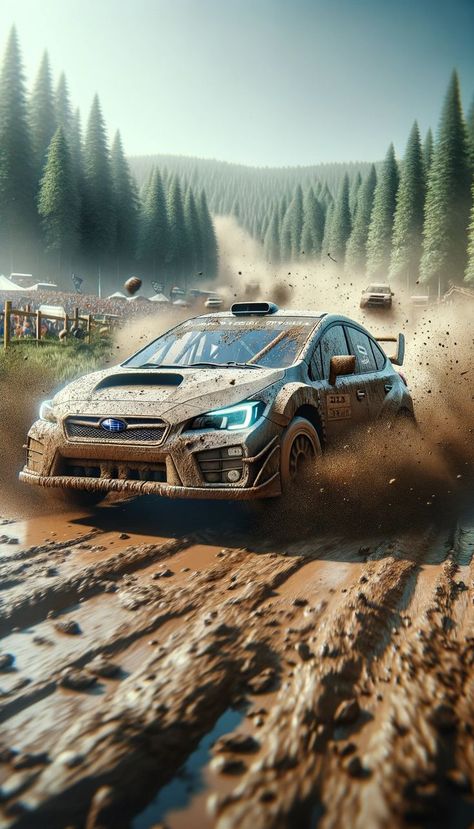 A dynamic rally car causing a splash of mud, racing near a crowd with a dense forest in the background. Dirt Rally 2.0 Wallpaper, Rally Wallpaper Iphone, Rally Wallpaper, Forest Backdrop, Car Iphone Wallpaper, Cars Wallpapers, Forest Backdrops, Iphone Art, Car Backgrounds