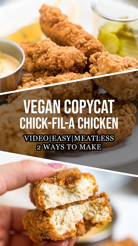 Copycat Chick-fil-A Vegan Chicken Vegan Chicken Recipes, Vegan Copycat, Vegan Meat Recipe, Vegan Fried Chicken, Copycat Chick Fil A, Vegan Fries, Vegan Chicken, Vegan Entree, Tofu Dishes