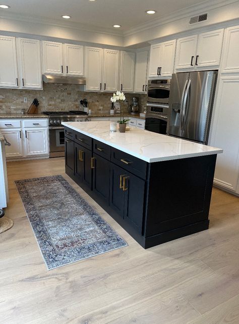 "Brand new black kitchen island with \"Glam\" white quartz countertop, it has one trash tray and two double rolls out trays in 2 sections (4ft length each ) design. Fully assembled kitchen island. If you are looking for a kitchen island designed specifically for your needs, we will be happy to help you. \"Our cabinets are custom made in Los Angeles, CA. Each cabinet is given undivided attention to detail. All soft close for drawer/doors (except interior/trash trays). Buyer needs to join 2 sections at their kitchen by few screws, Dimensions Width: 97\"x33\" on base, 99\"x36\" on top. Overall Height:36\" Feature options with an additional cost. Shipping time: 2-3 weeks after order but not including transit time for the trucking company which may take 1-2 weeks and varies to different states. Black Kitchen Cabinets With White Quartz, White Cabinet With Black Island, Black Island Light Cabinets, Charcoal Kitchen Island White Cabinets, Black And White Open Concept, White Cabinets Black Island Kitchen, Black Kitchen With White Countertops, White Kitchen Cabinets With Black Quartz, Contrast Island Kitchen