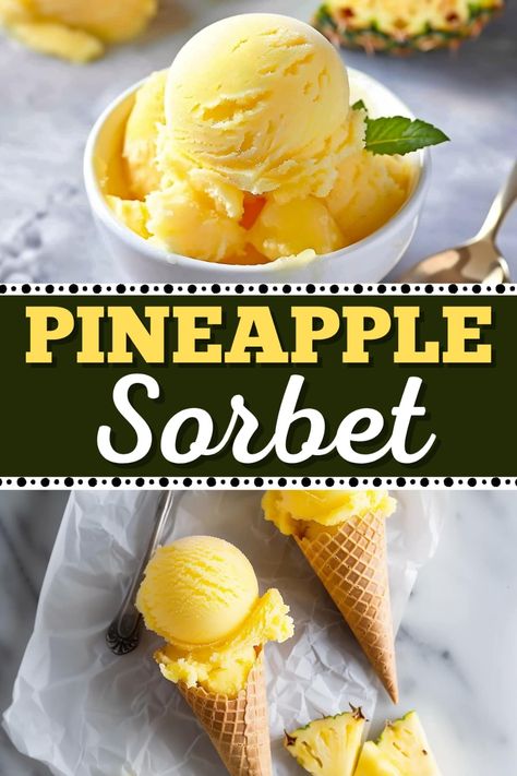 This pineapple sorbet is light, refreshing, and so delicious! It only uses three ingredients, so it's quick and easy to make, too. Recipes Using Pineapple, Diy Sorbet, Homemade Sherbet, Easy Sorbet, Pineapple Sorbet Recipe, Sherbet Recipes, Best Homemade Ice Cream, Pineapple Sorbet, Sorbet Is