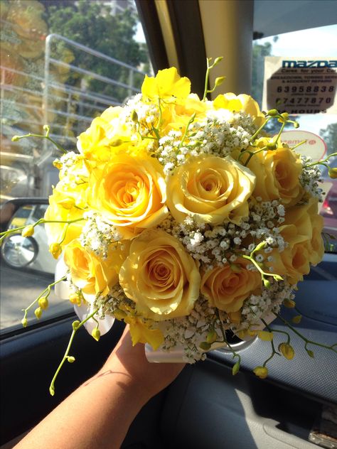 Yellow roses, baby's breath & dancing lady orchid bridal bouquet  For orders & enquiries please email to p01989@yahoo.com.sg or visit our FB myreika13 Yellow Rose Flower Bouquet, Yellow Prom Flowers Bouquet, Yellow Prom Bouquet Ideas, Yellow Rose Bridal Bouquet, Yellow Roses Wedding Bouquet, Yellow Prom Flowers, Bouquet Of Flowers Yellow, Yellow Bouquet Wedding, Yellow Corsage