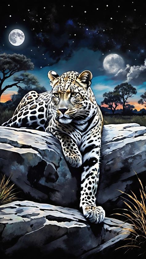 This image features a beautifully detailed illustration of a leopard resting on a large rock. The background showcases a nighttime scene with a starry sky and two full moons. The landscape also includes silhouetted trees and a subtle gradient of twilight colors near the horizon, adding an enchanting and surreal atmosphere to the scene. The artwork captures the grace and power of the leopard while providing a magical, dreamlike setting. Diamond Wallpaper Iphone, Jaguar Panther, Wild Animals Pictures, Diamond Wallpaper, Big Cats Art, Detailed Illustration, Animals Pictures, The Leopard, Cats Art