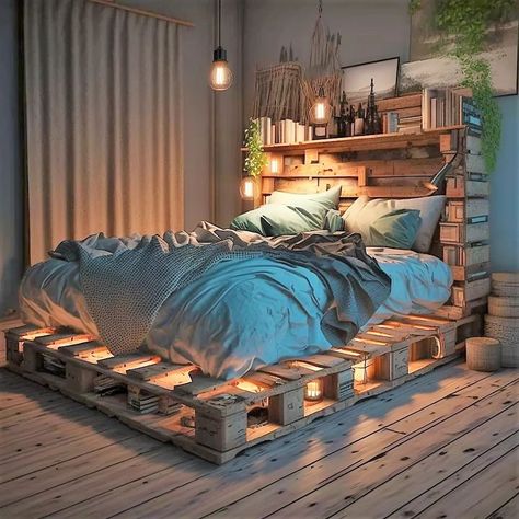 Wood Pallet Bed Frame, Pallet Bed Frame Diy, Pallet Bed Frame, Diy Pallet Bed, Western Bedroom Decor, Hippie Bedroom, Western Rooms, Pallet Bed, Pallet Furniture Bedroom