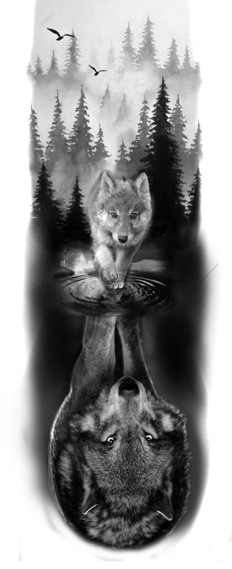 Lion And Wolf Tattoo Design, Pack Of Lion Tattoo, Wolf Reflection Tattoo Design, Black And White Tattoos Sleeve, Wolf Sleeve Tattoo Design, Tattoos Wolf Men, Wolf Woods Tattoo, Wolf Tattoo Leg Men, Wolf Tattoo Ideas For Women Thigh Piece