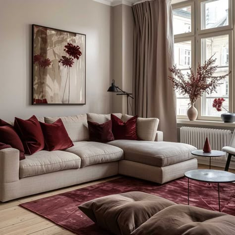 Modern Room Looks with Burgundy and Beige Color Schemes • 333+ Inspiring Lifestyle Ideas Colors For Living Room Furniture, Color Schemes For Apartment, Beige Color For Living Room, Burgundy Color Combinations Living Room, Living Room With Burgundy Accents, Living Room Designs Burgundy, Front Room Color Ideas, Burgundy And Beige Bedroom, Burgundy And Beige Living Room