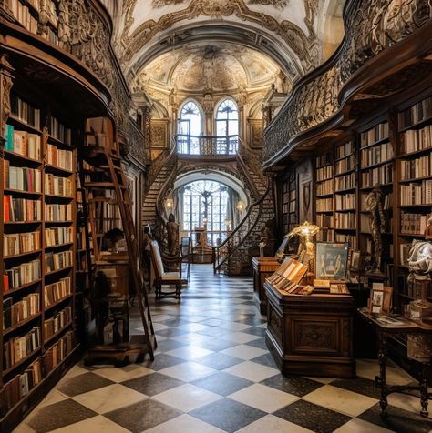 Fantasy Bookstore Aesthetic, Old Fashioned Library Room, English Bookstore Aesthetic, Huge Library Aesthetic, Castle Library Aesthetic, European Libraries, Old Money Library, European Bookstore, Fantasy Bookstore