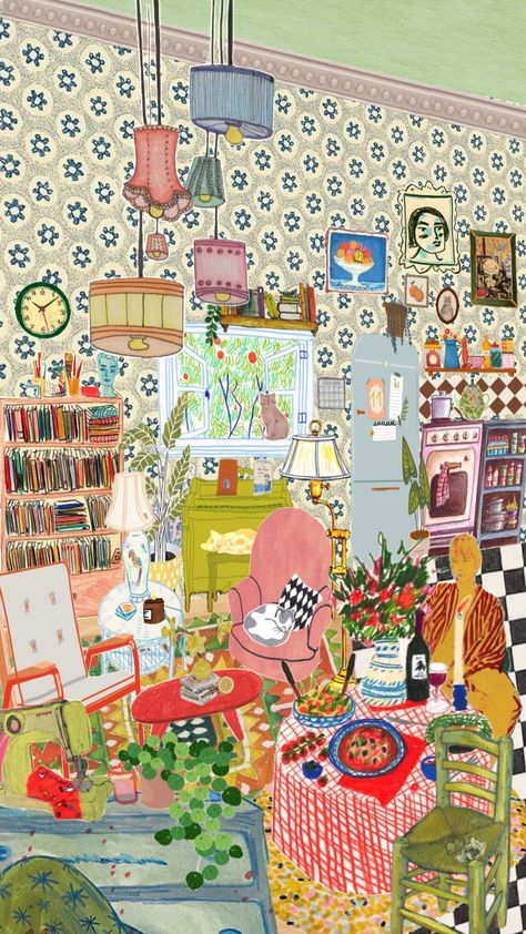 grandma’s house👒🧵 Vintage Aesthetic Decor, Relaxing Images, Bedroom Illustration, House Aesthetic, Abstract Wallpaper Design, Interior Illustration, Aesthetic Decor, Cute Patterns Wallpaper, Whimsical Illustration