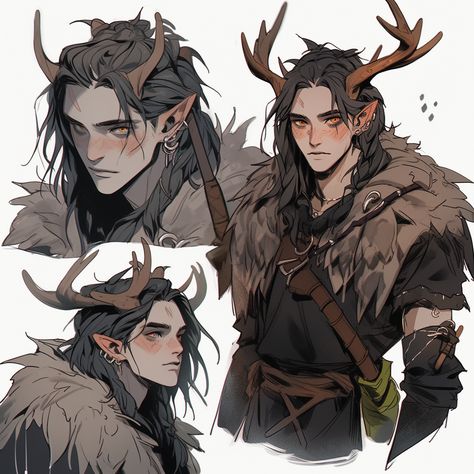 Tiefling With Antlers, Elves With Horns, Deer Horns Drawing Reference, Deer Character Design Male, Satyr Male Character Design, Tiefling Antlers, Oc With Antlers, Druid Oc Male, Faun Oc Male