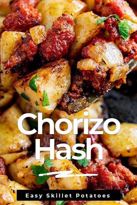 Everyone loves potato recipes and this Chorizo Hash is so easy to make and packed full of flavor. The chorizo and potatoes are cooked in a skillet with onions and garlic, making them the perfect breakfast combo with maybe a fried egg. Or serve this up as a delicious side dish with grilled chicken, steak or fish. Crispy Skillet Chorizo Potatoes will be a family favorite! Chorizo And Potatoes, Chorizo Recipes Dinner, Chorizo Potatoes, Chorizo Hash, Chorizo Breakfast, Chorizo And Potato, Frijoles Refritos, Halloween Food Appetizers, Chorizo Recipes