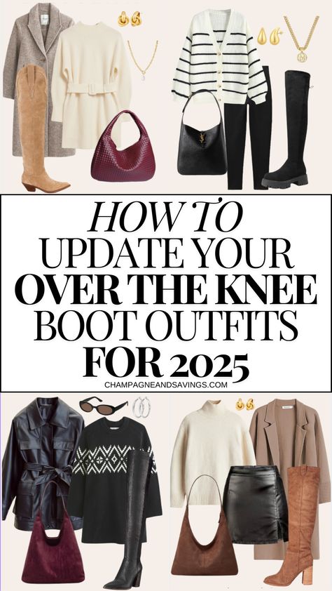 Want to update your knee high boots outfits for 2025? Try these OTK boots outfit ideas that are perfect if you don't want to party with these women's shoes this winter! Sharing the best ways to modernize your over the knee boots so you can look chic all winter long. Cognac Boots Outfit Knee Highs, Winter Outfits With Tall Boots, Over The Knee Boots 2024, Over Knee Boots Outfit Winter, Tan Knee High Boots Outfit Winter, Over The Knee Boot Outfit 2024, Winter Knee High Boots Outfit, Knee High Suede Boots Outfit, Brown Knee High Boots Outfit Winter