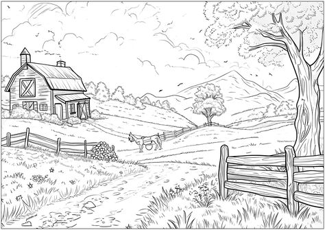 Farm landscape - JustColor.net : Free printable coloring pages for adults and kids Farm Drawing Landscape, Houses Coloring Pages, Farm Drawing, Ancient Greece Mythology, Egypt Hieroglyphics, Greece Mythology, Tibet Art, Pop Art Tattoos, Galleries Architecture