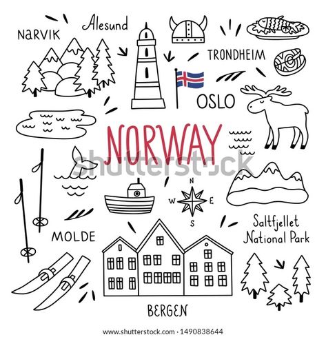 Norway Tattoo Ideas, Norway Embroidery, Bullet Journal Voyage, Norway Drawing, Norway Illustration, White House Drawing, Norway Tattoo, Doodle Trees, Norway Roadtrip