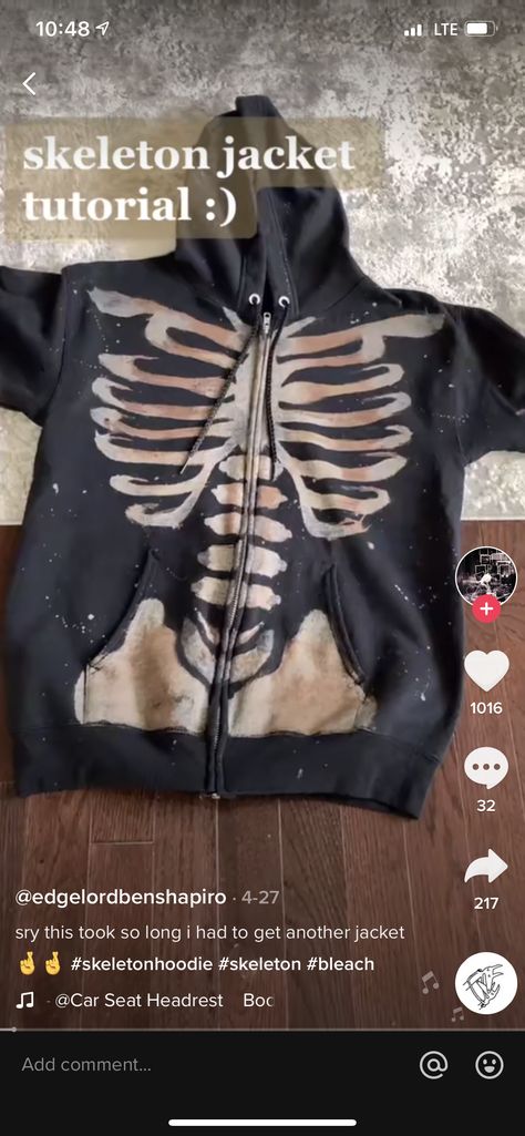 Skeleton Bleach Sweatshirt, Skeleton T Shirt Rib Cage Bleach, Skeleton Sweatshirt Bleach, Cool Bleach Hoodie Designs, Skeleton Bleach Jacket, Painted Hoodies Ideas, Bleach Skull Hoodie, Diy Skeleton Hoodie, Bleach Painting Clothes Skeleton