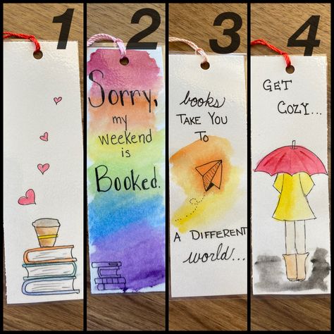 Hand drawn and watercolor bookmarks. Each will have slight variation since hand made. Each bookmark will be laminated and complete with tassel. Bookmark Ideas Simple, Making Bookmarks Ideas, Watercolor Bookmarks Ideas Aesthetic, Book Watercolor, Bookmarks Handmade Watercolor, Easy Watercolor Bookmarks, Hand Drawn Bookmarks, Easy Watercolor Bookmark Ideas, Cute Bookmarks Watercolor