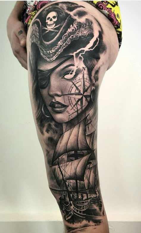 Pirate Tattoo Sleeve, Pirate Girl Tattoos, Ship Tattoo Sleeves, Pirate Tattoos, Pirate Ship Tattoos, Nautical Tattoo Sleeve, Pirate Ship Tattoo, Chicanas Tattoo, Pirate Tattoo