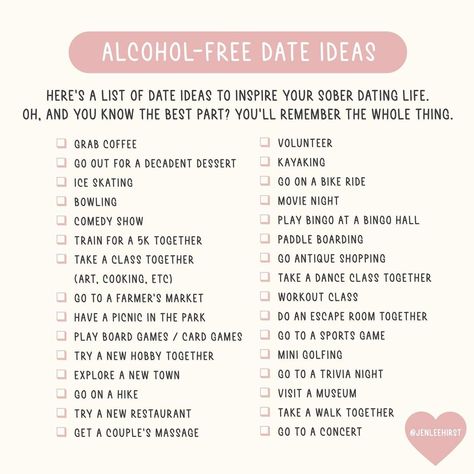 JEN HIRST | SOBER COACH on Instagram: “What would you add to this list? Let me know! Too often we think that dating and drinking go hand in hand, but just because that’s what…” Date Night Questions, Free Date Ideas, Things To Do With Your Boyfriend, Creative Date Night Ideas, Date Night Jar, Date Ideas For New Couples, Dream Dates, Romantic Date Night Ideas, Creative Dates