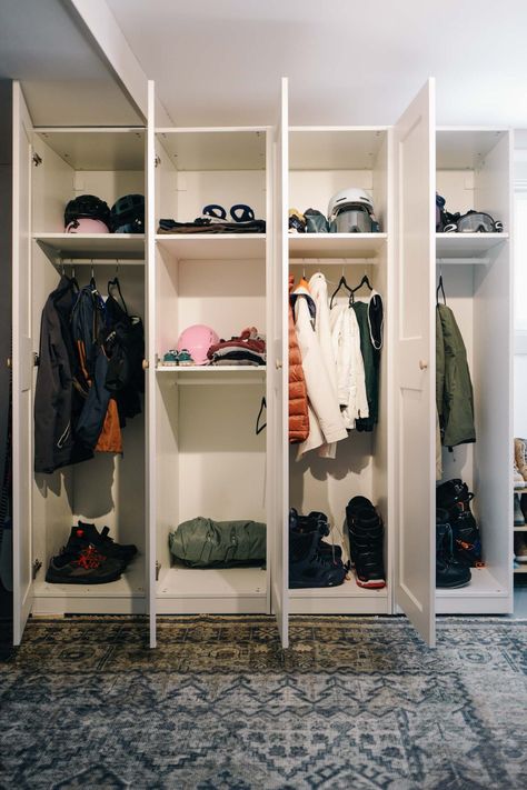 Basement Coat Storage, Ikea Pax Bathroom Storage, Inexpensive Mudroom Storage, Ikea Pax Mudroom Ideas, Ikea Garage Mudroom Hack, Pax Bootroom, Backpack Storage Narrow Entryway, Garage Wardrobe Storage, Ikea Pax Garage Storage