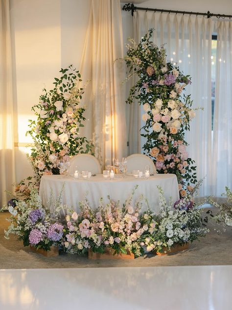 This photo hosted by SmugMug; your photos look better here. Flower Reception Decoration, Flower Sweetheart Table Wedding, Flower Poles Wedding, Bridal Table Arrangement, Sweetheart Table With Backdrop, Wedding Decoration Inspiration, Stage Flowers Wedding, Romantic Themed Wedding, Pink Rose Wedding Theme