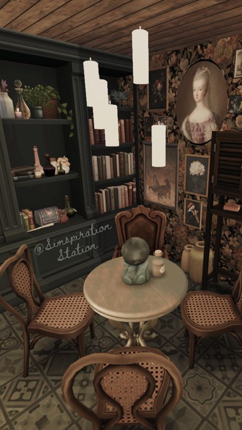 Sims 4 Witch House No Cc, Sims Aesthetic Wallpaper, Sims 4 Dark Academia, Sims 4 Dark Academia Cc, Witch Aesthetic Home, Witches Diy, Sims 4 Witch House, Dark Witch Aesthetic, Aesthetic Home Office