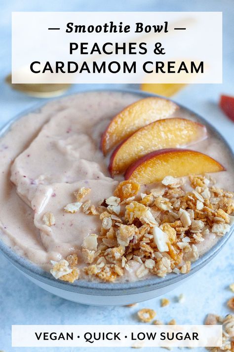 Our favorite summer smoothie bowl, made super creamy with fresh peaches, cauliflower and almond milk. Low in sugar and gluten-free. Peaches And Cream Smoothie, Summer Smoothie Bowl, Peach Syrup, Summer Smoothies, Fresh Peaches, Peaches And Cream, Smoothie Bowl Recipe, Smoothie Bowls, Bowl Recipe