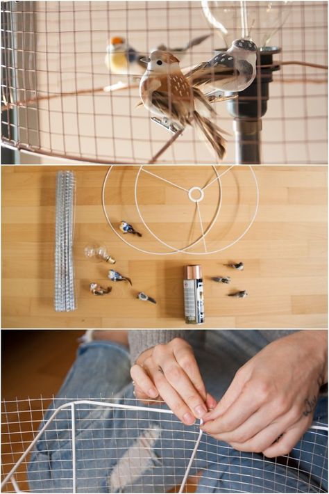 DIY bird cage lampshade to hang on a lamp stand. Bird Cage Light, Diy Bird Cage, Wire Lampshade, Birdcage Chandelier, Diy Floor Lamp, Diy Luminaire, Diy Light Fixtures, Diy Lampe, Cage Light