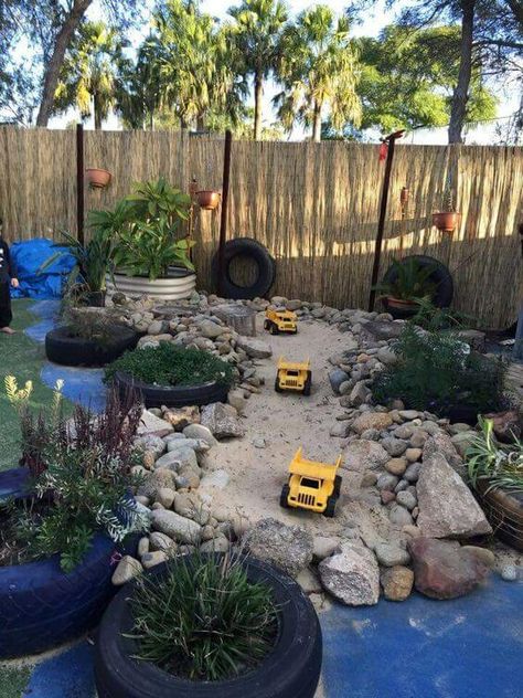 25 Kid Play Ideas With Old Tires - 168 Sandbox Landscaping Ideas, Outdoor Dirt Play Area, Nature Play Space, Natural Play Spaces Backyards, Dirt Play Area For Kids, Natural Outdoor Play Spaces, Backyard Play Spaces, Natural Play Spaces, Outdoor Kids Play Area