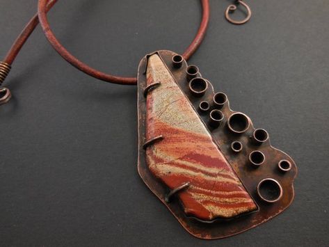 Snake skin jasper pendant-copper metalwork pendant Contemporary Jewelry Design, Rusty Orange, Pale Peach, Metal Clay Jewelry, Jewelry Design Inspiration, Mixed Metal Jewelry, Recycled Jewelry, Jasper Pendant, Copper Pendants