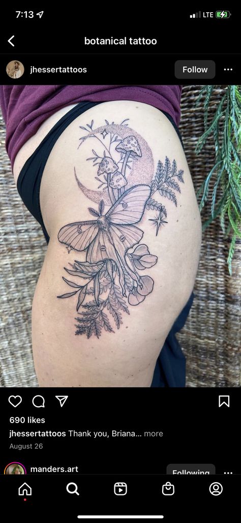 Witchy Forest Tattoo, Mushroom Hip Tattoo, Fairy Garden Tattoo Sleeve, Enchanted Forest Tattoo, Cottage Core Tattoos, Arm Patchwork, Elven Tattoo, Fly Tattoos, Woodland Tattoo