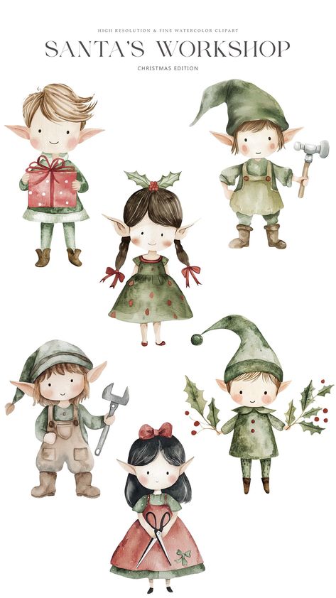 Cute Elf Illustration, Watercolor Christmas Clipart, Father Christmas Illustration, Christmas Elf Clipart, Elf Illustration, Elves Art, Cute Christmas Clipart, Happy Birthday Illustration, Elves Christmas